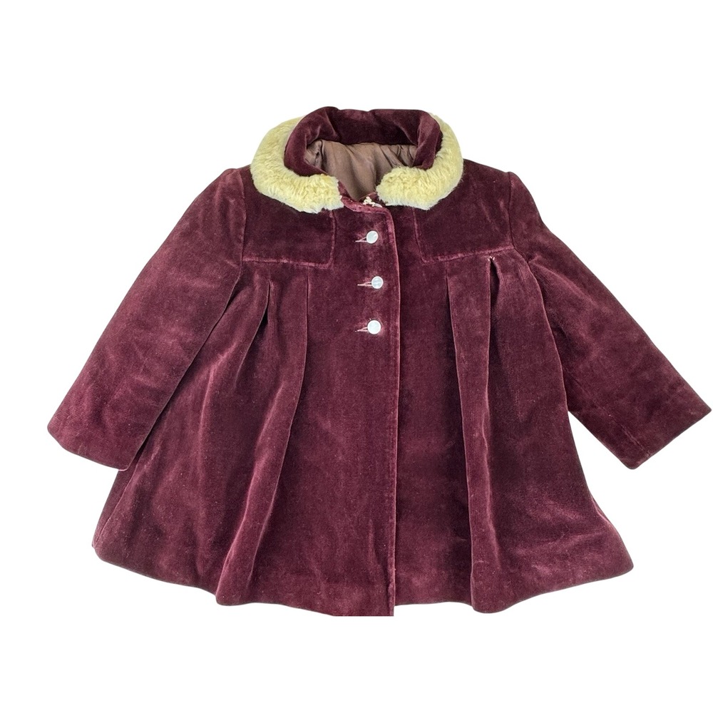 Vintage 1950s Velvet Coat Burgundy Faux Fur Collar Trapeze Toddler 2T